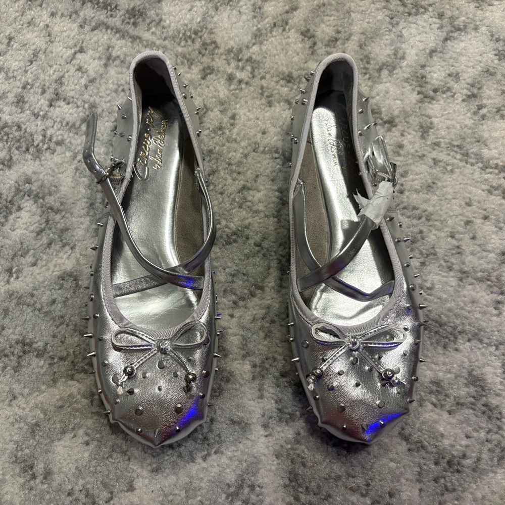Metallic Silver Studded Mary Jane Ballet Flats - Women's